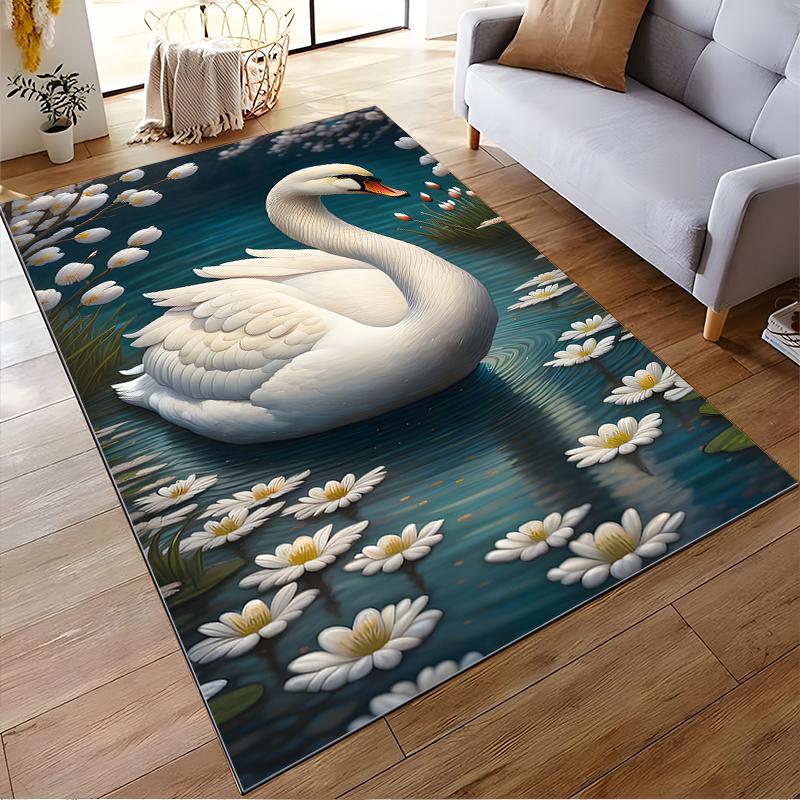 Elegant White Swan and Daisy Pattern Carpet for Living Room Decor Suitable for use as an anti-slip for living room bedroom sofas