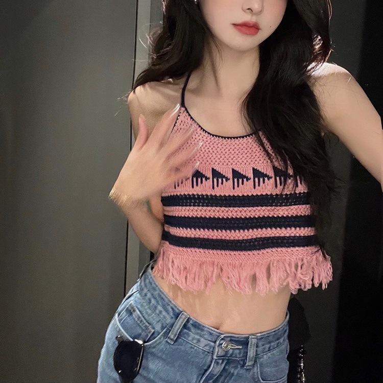 Вязаный жилет с халтер-воротником для женщин, летний, интернет-знаменитость, новый дизайн, цвет малины, милые малышки, топ-комбинация