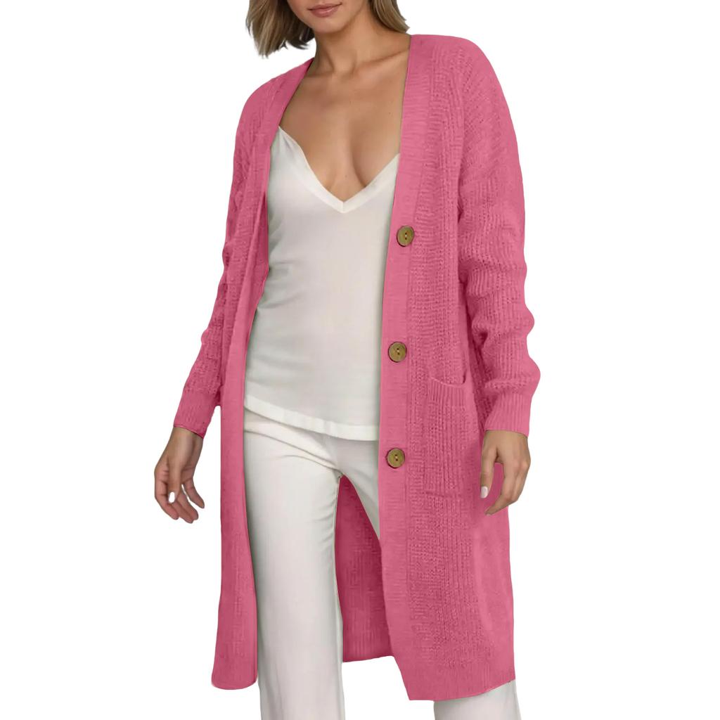 Women's Solid Color Long Sleeved Knee Length Knitted Cardigan, Lazy Trend, Medium Long Hair Jacket