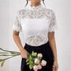 Women's Elegant Solid Colour Small Standing Collar Lace Splicing Lace Short Sleeve T-Shirt