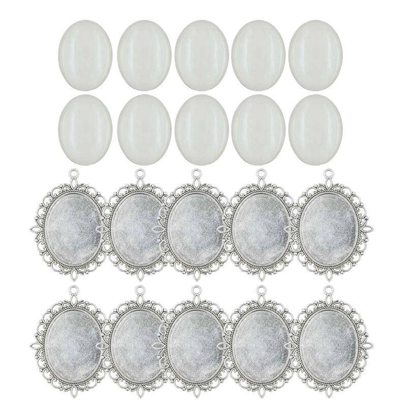 10 Set Metal Alloy Pendant Trays Oval Bezel Trays DIY Vintage Blank Pendant Bases with Transparent Glass Cabochons