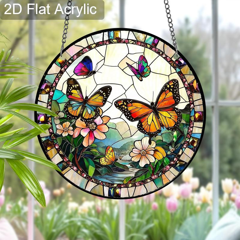 Acrylic Colorful Butterflies and Flowers Suncatcher, Stained Glass Style Window Hanging Ornament for Nature and Garden Lovers