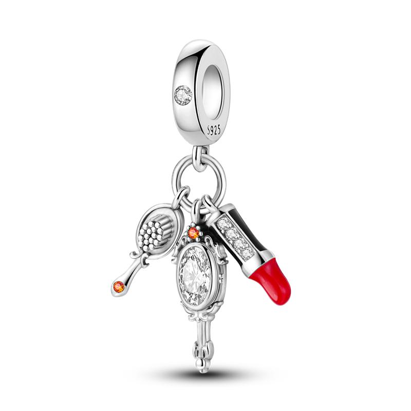 925 Silver Red Color Charms Bead Lipstick High Heels Heart Strawberry Dangle Fit Bangle Bracelet DIY Jewelry