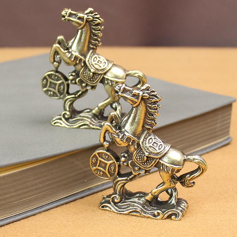 Антикварная фигурка лошади из цельной латуни и меди: Настольное украшение, привлекающее богатство