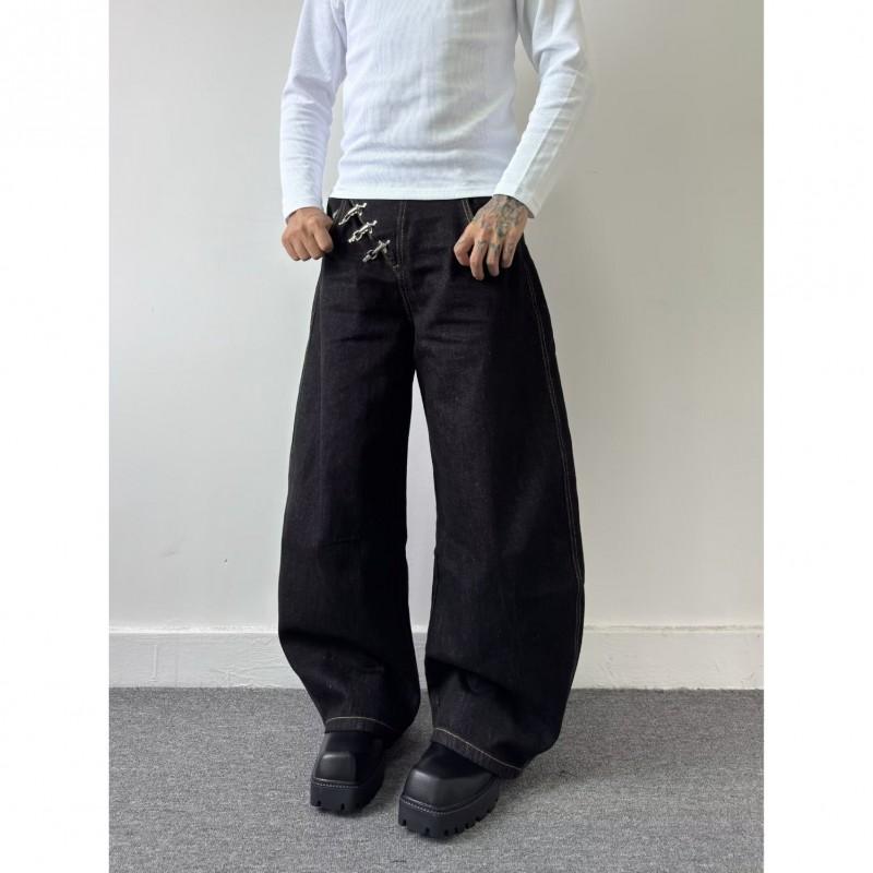 Womens High-Waisted Wide-Leg Denim Pants With Frayed Hem Plus Size Loose Fit Pear Shape