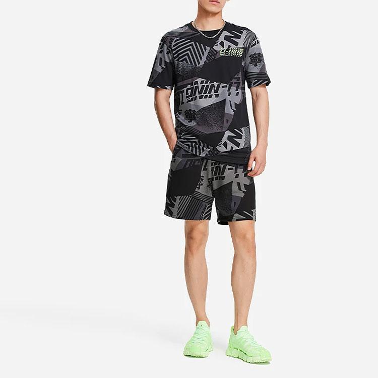 Li-Ning Хлопковая футболка с круглым вырезом и буквенным принтом, мужские топы, черная AHSS119-3