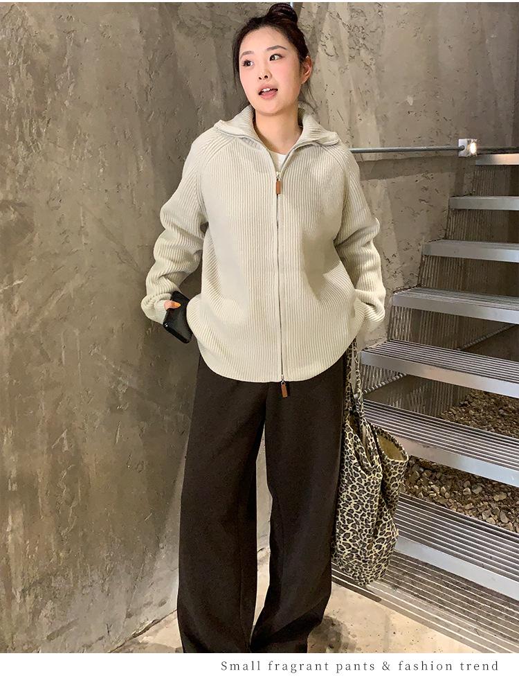 Women's Plus Size Elegant Double Zipper Stand Collar Sweater - Casual Winter Fashion Korean Style Outerwear