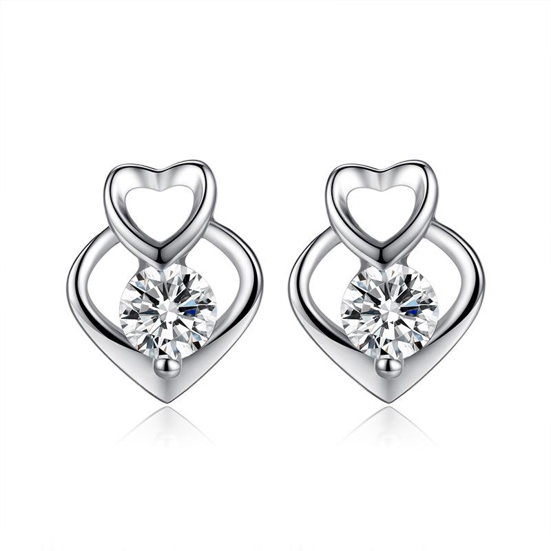 Серьги-пусеты из стерлингового серебра S925 в корейском стиле в форме сердца с цирконом для женщин