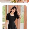 Hepburn style elegant and high-end square neck slimming waist pleated A-line dress