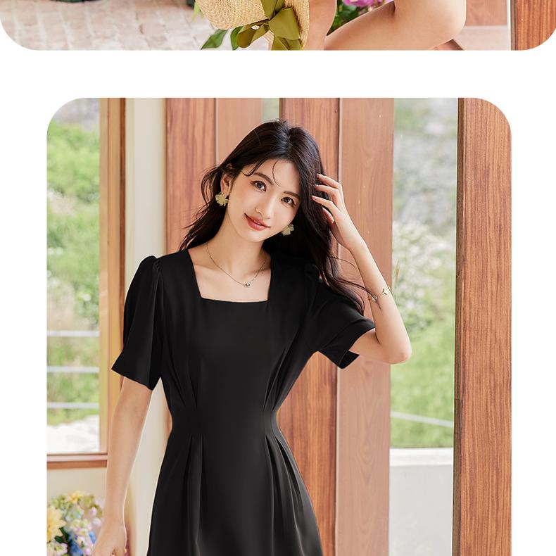 Hepburn style elegant and high-end square neck slimming waist pleated A-line dress