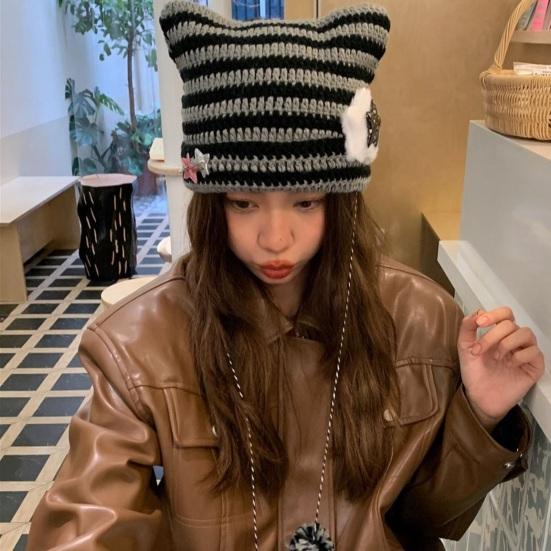 Japanese Style Cat Ear Beanie Hat Star Striped Print Knitting Hat Autumn Winter Plush Ball Pendant Warm Hat