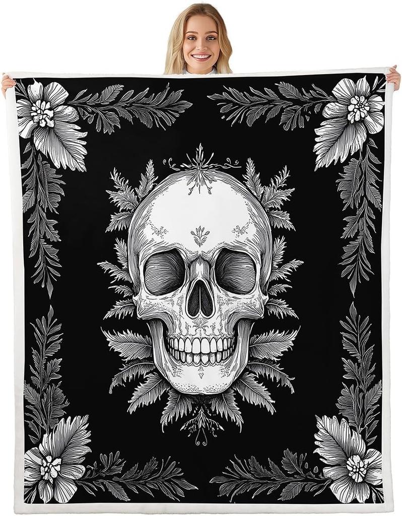 GUOYU Blanket Gothic Skull Fleece Blanket Baby Happy Halloween Sherpa Blanket Ghost Skull Goth Fuzzy Plush Throw for Adults Men WomenHorror