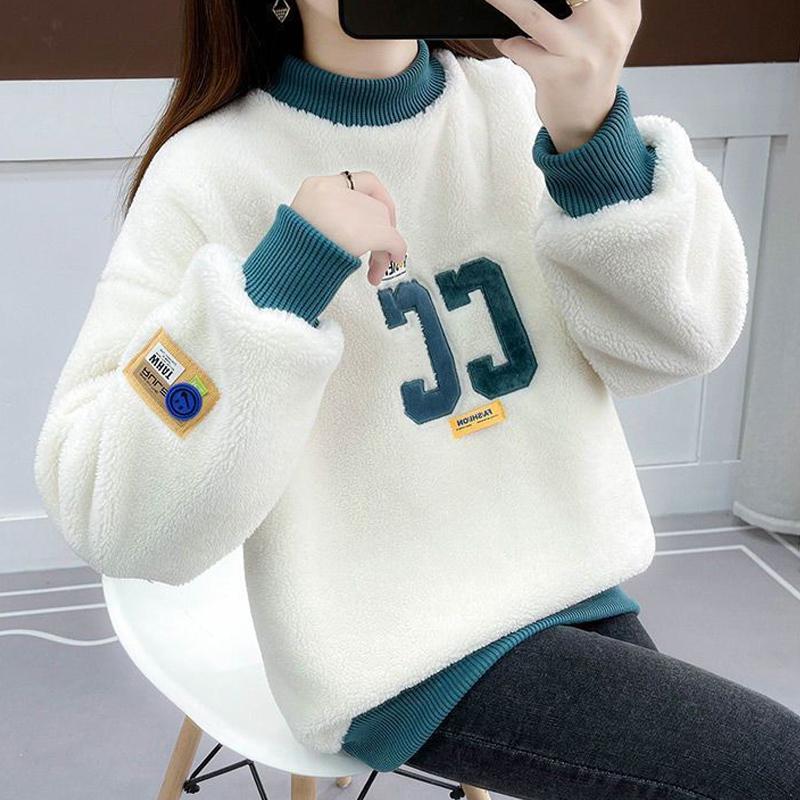 Свободный плюшевый и утолщенный женский свитшот из бархата с длинными рукавами из ягненка