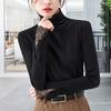 Women Bottoming Tops Slim Fit High Collar Long Sleeve Shirt with Slit Lace
