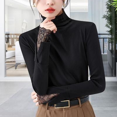 Женские топы-топы Slim Fit с высоким воротником и длинными рукавами, с разрезами, кружевными манжетами, однотонные