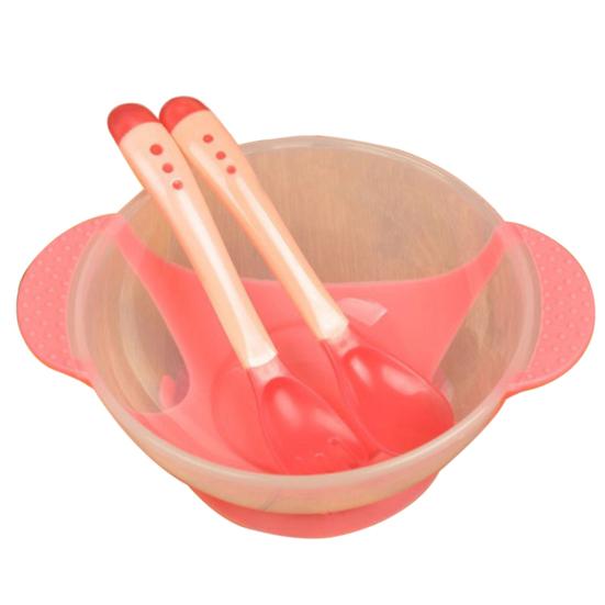 3Pcs Feeding Bowl with Sensing Spoon Fork Suction Cup Anti Slip