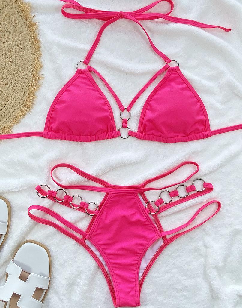 Women's Swimwear Solid Halter Bikini Back Tie Swimsuit Triangle Swimsuit Set 5 Colour