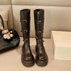 2025 Autumn and Winter New European and American Style But Knee Niche Belt Buckle Knight Boots Women's Thick-soled Round Head Thin Boots