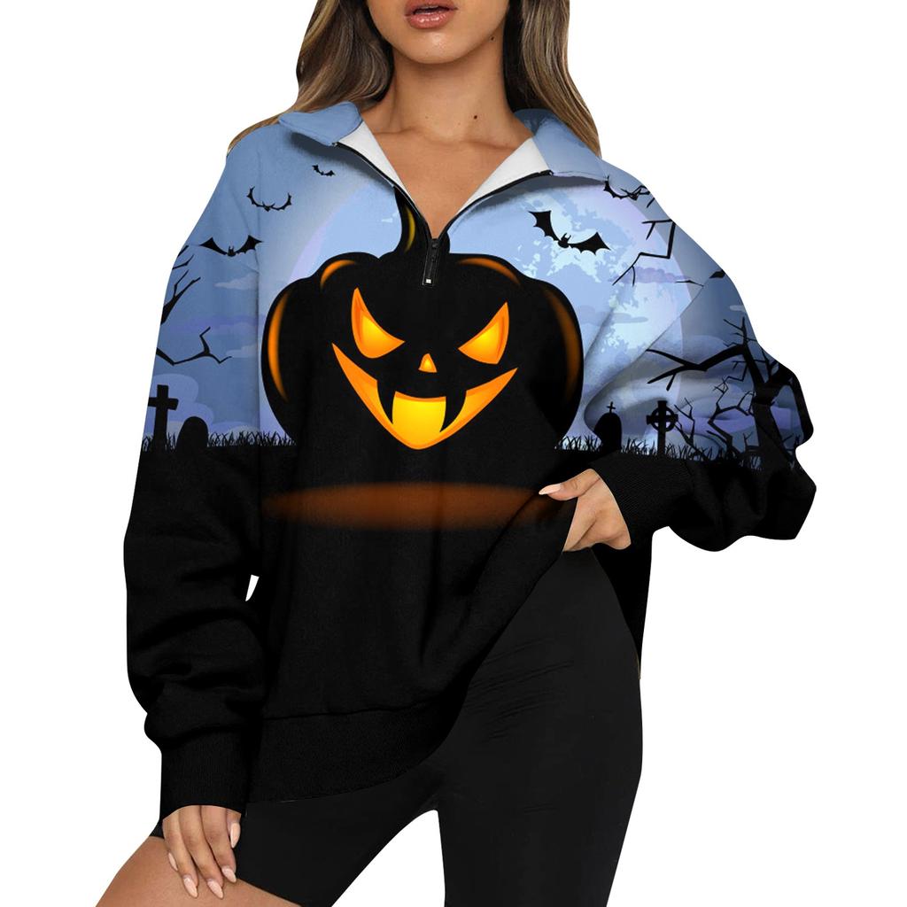 Women's Fashion Casual Long Sleeve Halloween Printed Zipper Turtleneck Drop Shoulder Sweatshirt Top