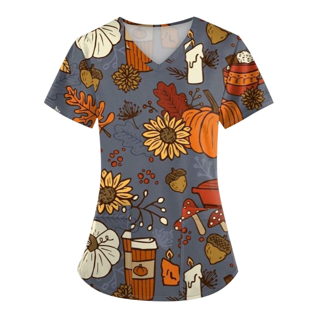 Женская униформа с коротким рукавом и принтом на Хэллоуин с V-образным вырезом и карманом