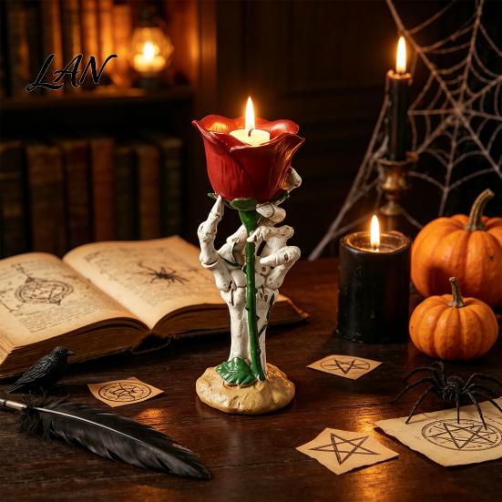 Decorative Skeleton Hand Gift Halloween Rose Candle Holder, Gothic Resin Ornament Holder for Home Table Decor, Dark Style Romantic Atmosphere