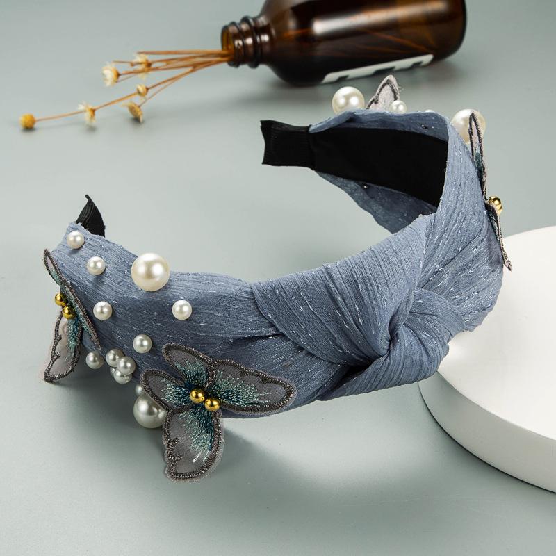 Женская кружевная повязка на голову для мытья лица с бабочкой и жемчугом, однотонная повязка на голову с широким краем и крестообразным узлом