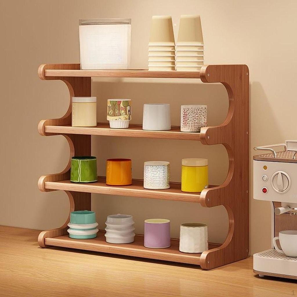 Desktop Organizer Tabletop Display Shelf 4 Layer Seasoning Rack Decor Bookshelf Wood Storage