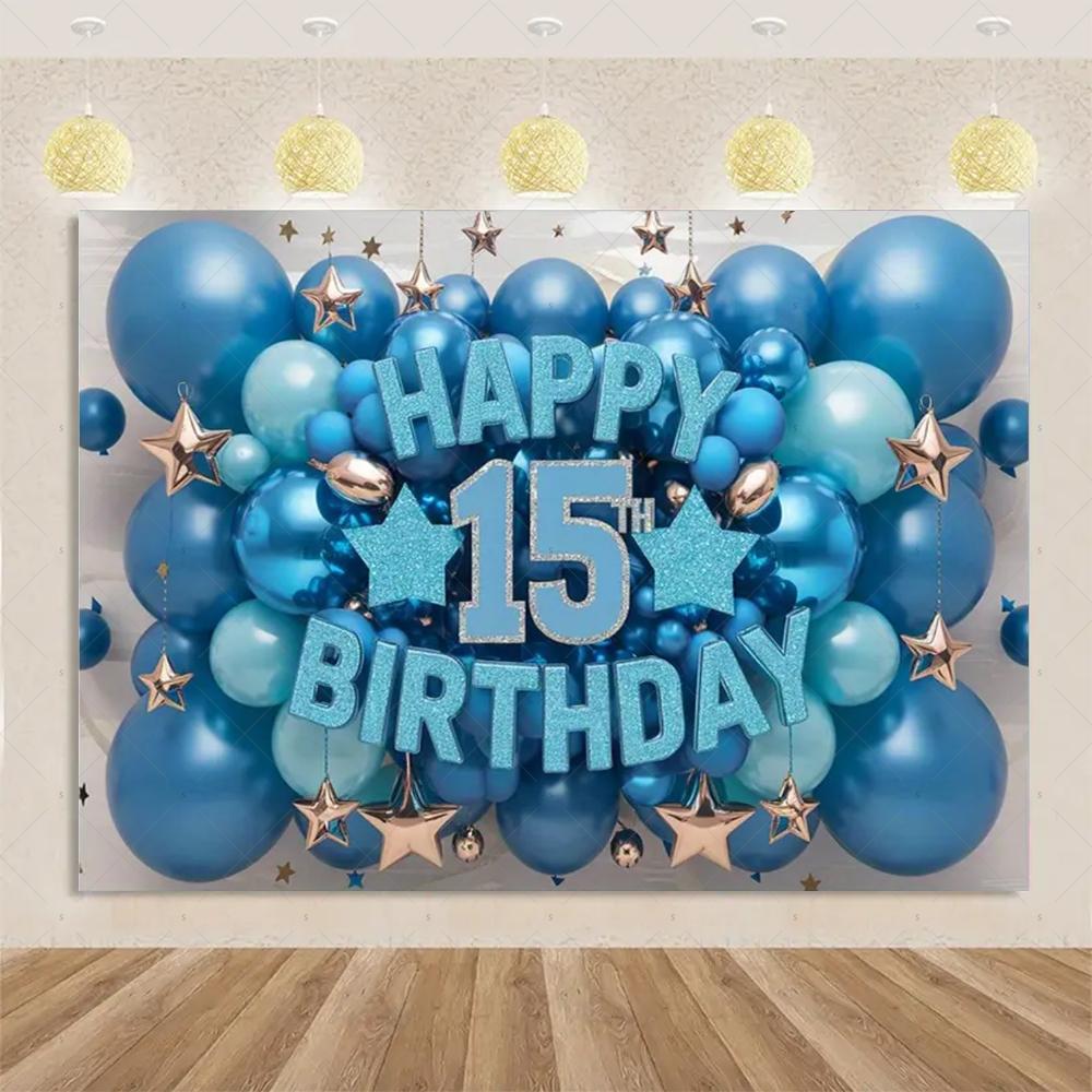15th Birthday Theme Backdrop Black Gold Glitter Balloon for Women Men Boy Girl Party Decorations Balloon Banner Photography Prop