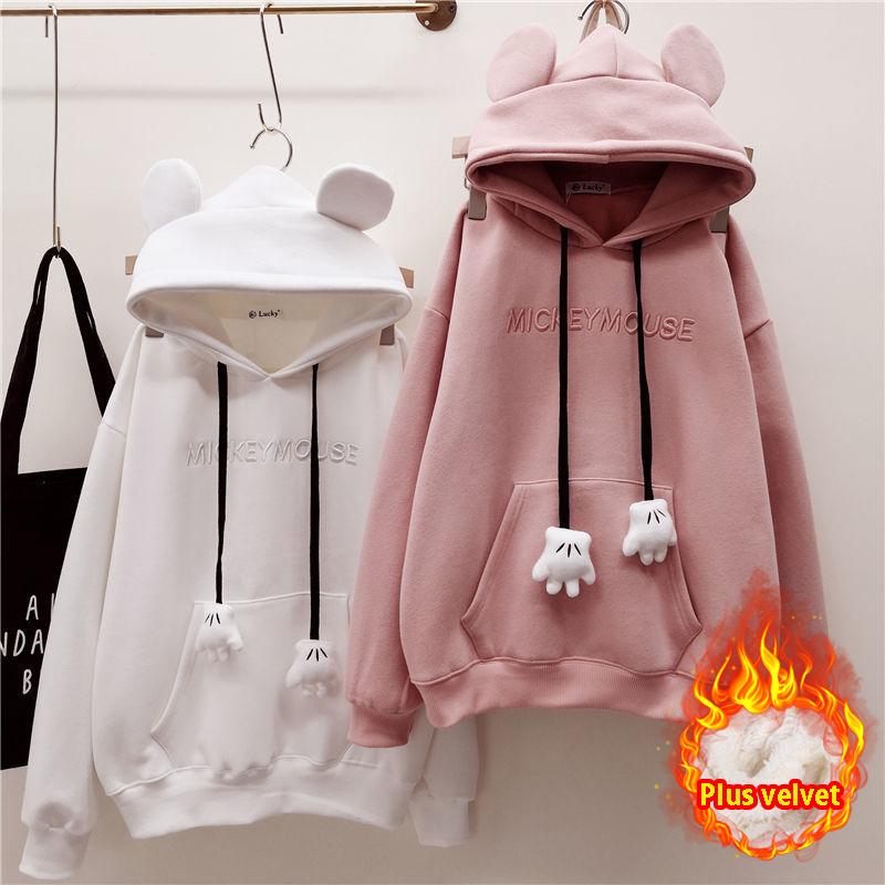 Autumn Winter Girls Hoodies Cute Bear Ears Printing Letter Long Sleeve Sweatshirt Children Fleece Thick Pullover Tops