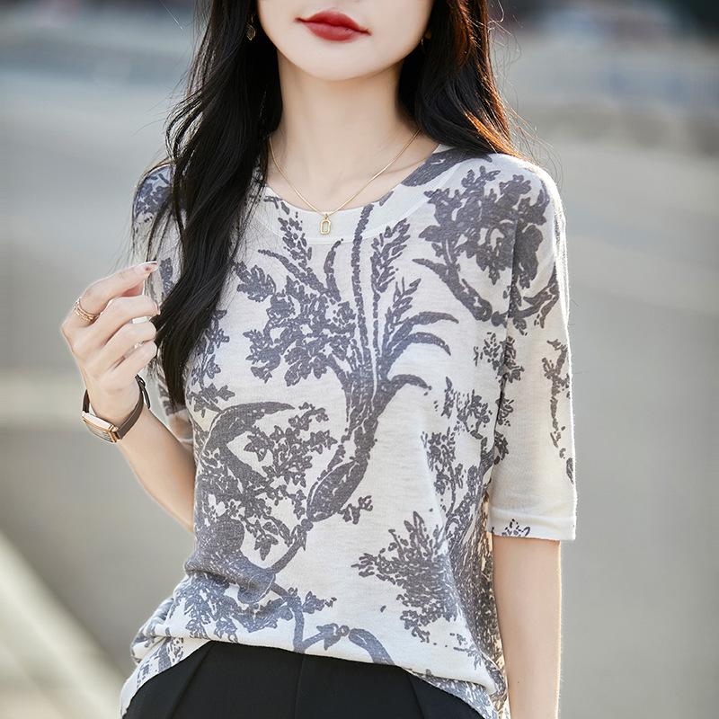 Женский весенне-летний круглый вырез с принтом, свободный внутренний тонкий универсальный трикотаж