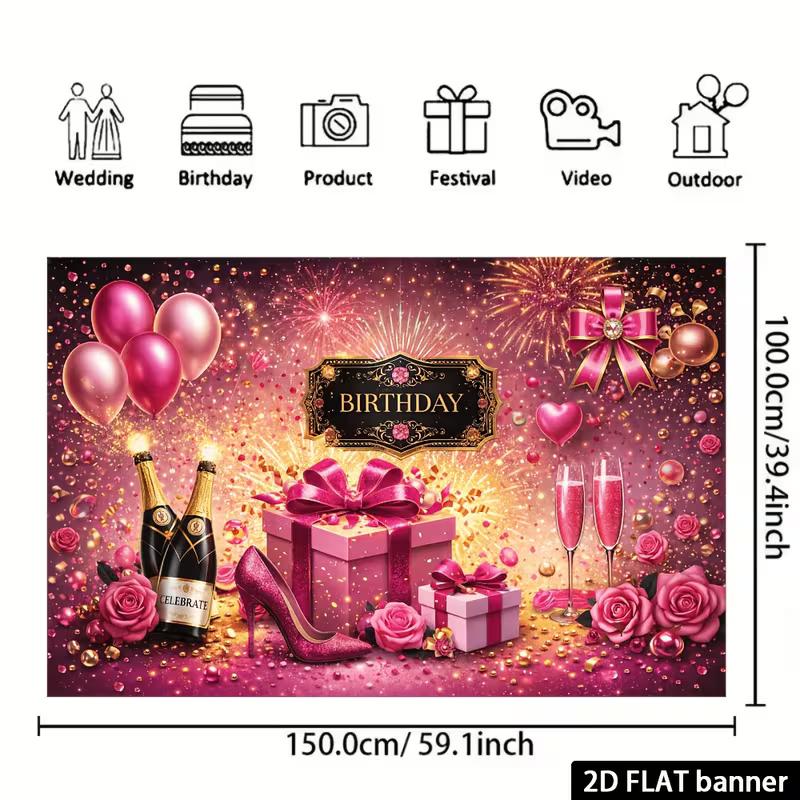 2D Happy Birthday Pink Gold Champagne Heel Backdrop Banner Party Photo Background