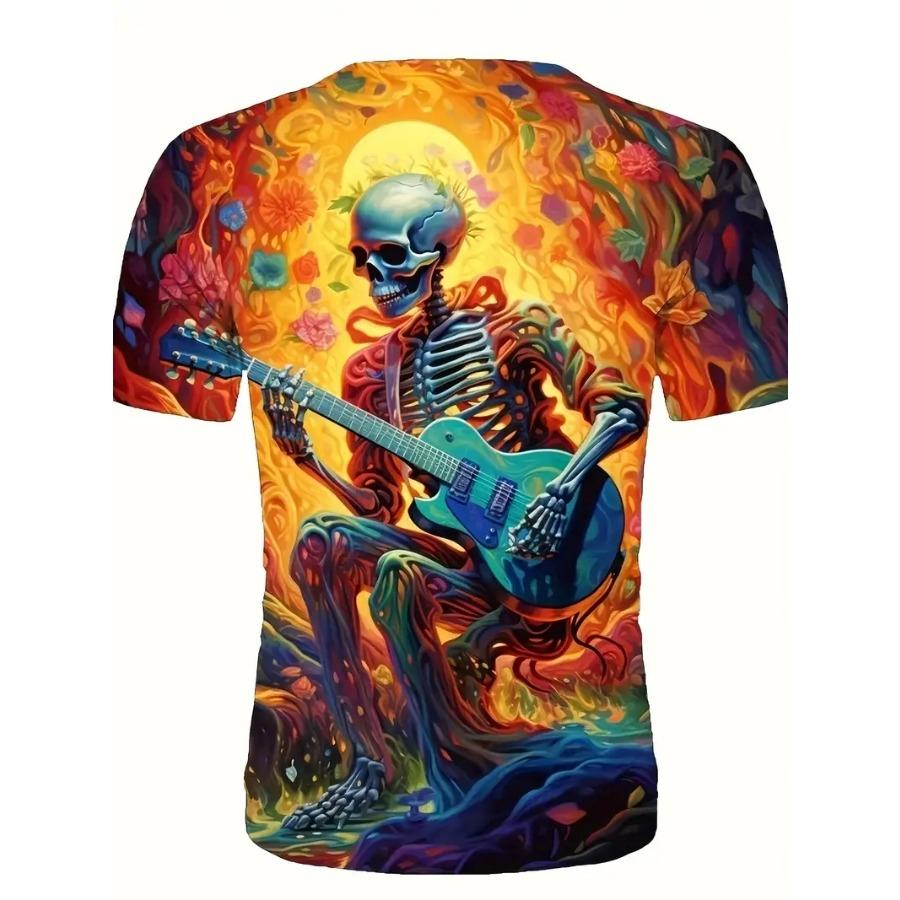 Men's Skeleton & Guitar Pattern Crew Neck T-shirt Dragon 3d Print Casual Comfy Tees Tshirts for Summer Men's Clothing