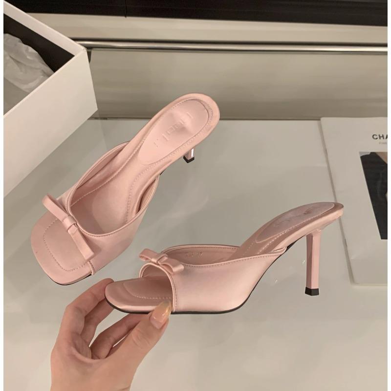 Fashion New Women's Slipper Mules Low High Heels Shoes Summer Best Street Look Females Square Head Open Toe Bow Strappy Sandals