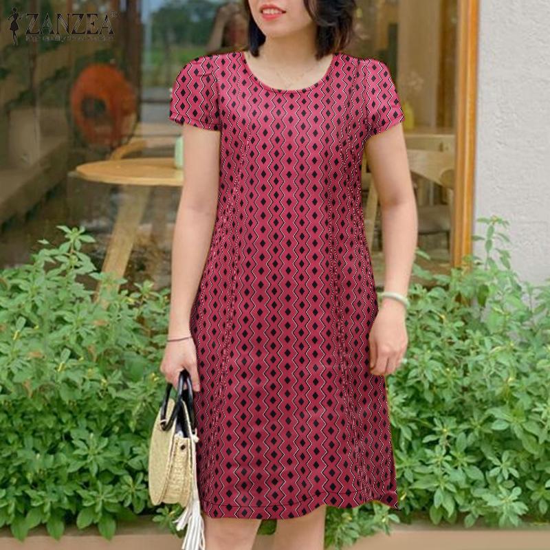 ZANZEA Женское повседневное платье с круглым вырезом и коротким рукавом в стиле ретро с принтом