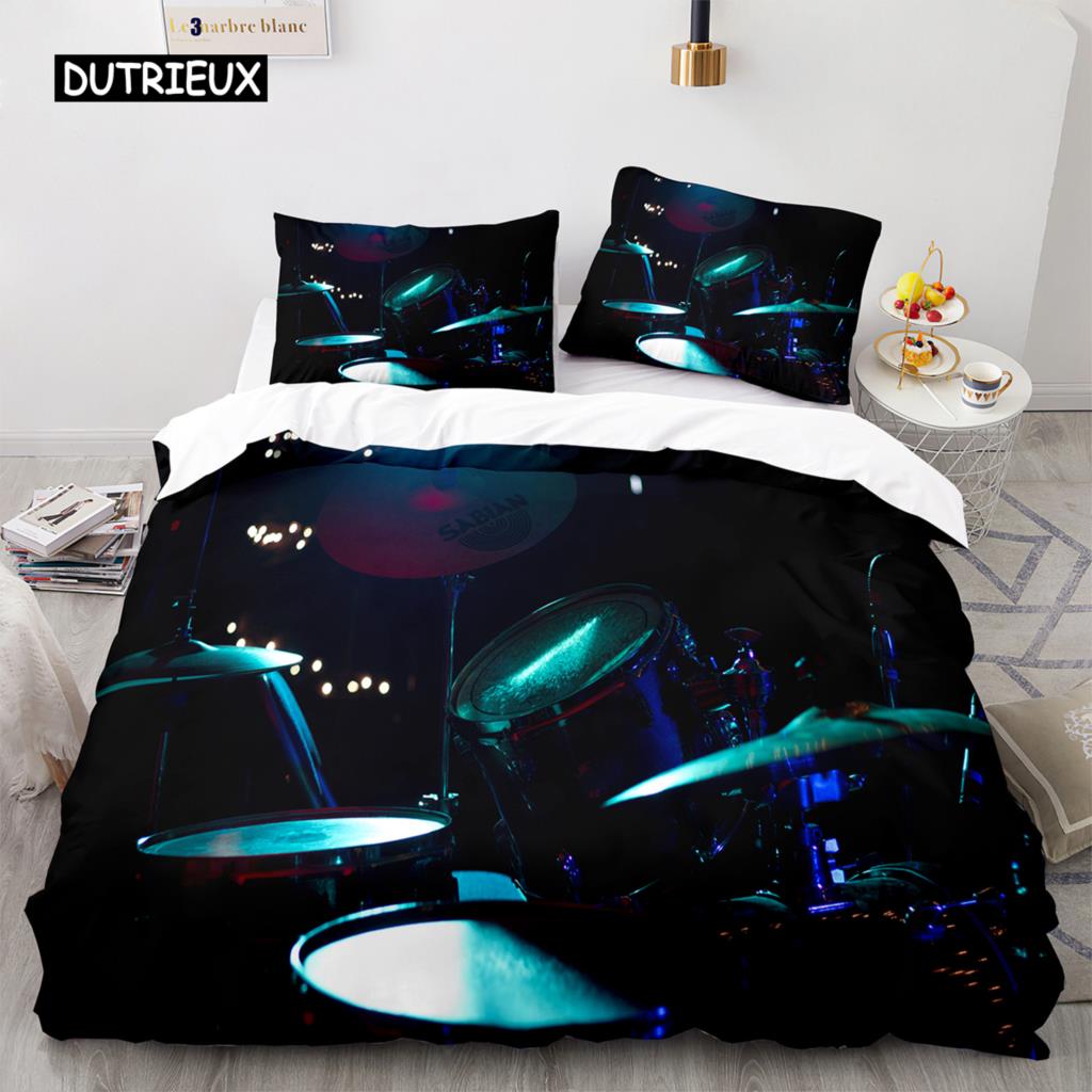 Drum Kit Duvet Cover Set Classical Music Comforter Cover Musical Instrument Lightning Pattern Quilt Cover for Kids Boys Teens