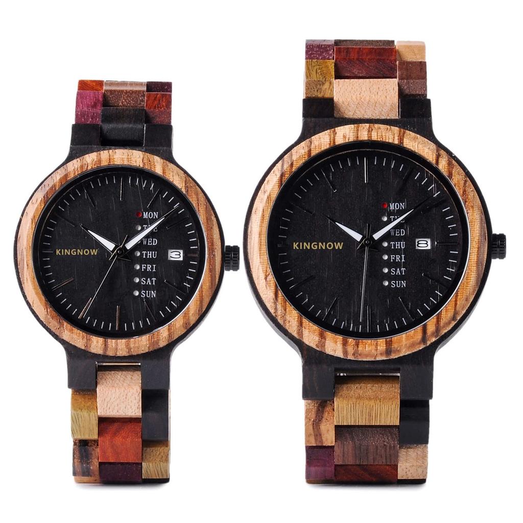 KINGNOW Couple's Watches, Lightweight Wooden Watches for Men and Women, Day-Date Display, Japanese-Made Quartz Movement, Unique Design
