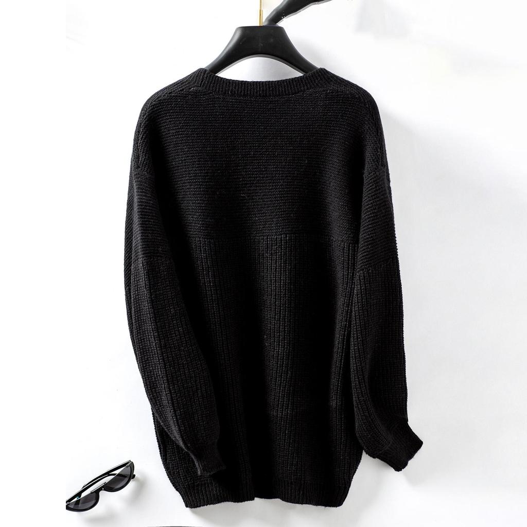 Autumn Winter Vintage Loose Long Sleeve Top Solid Color Cardigan Knitwear V-Neck Sweater