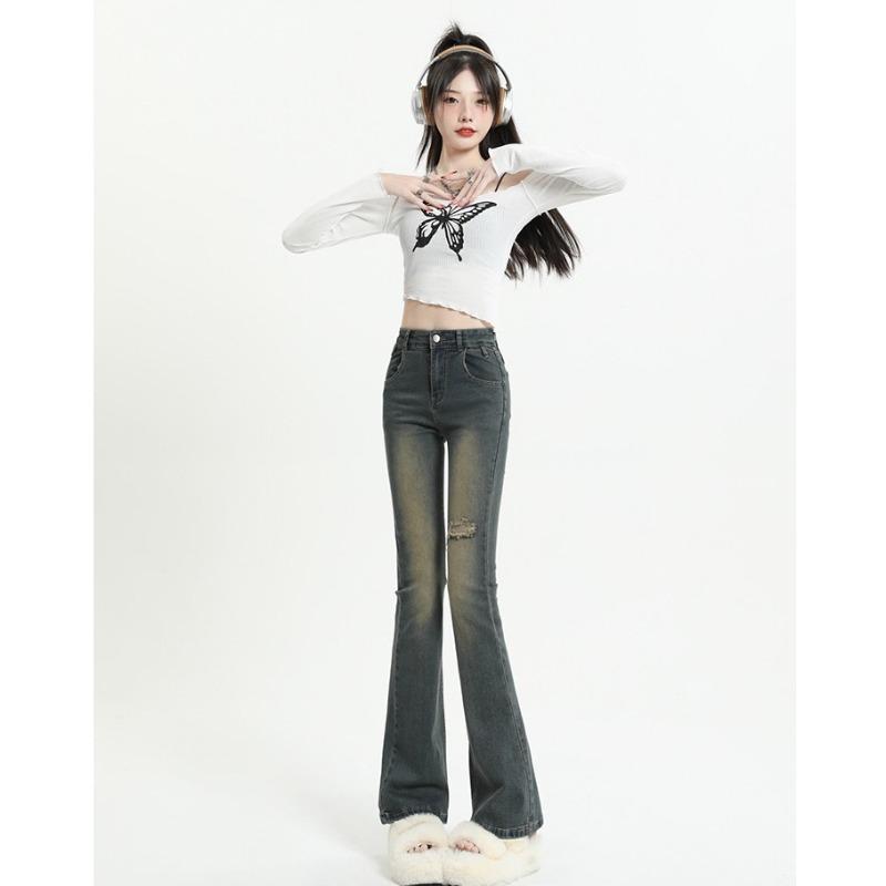 Retro Blue Broken Holes Micro-large Jeans Women Spring and Autumn Spicy Girl High Waist Thin Long Trousers