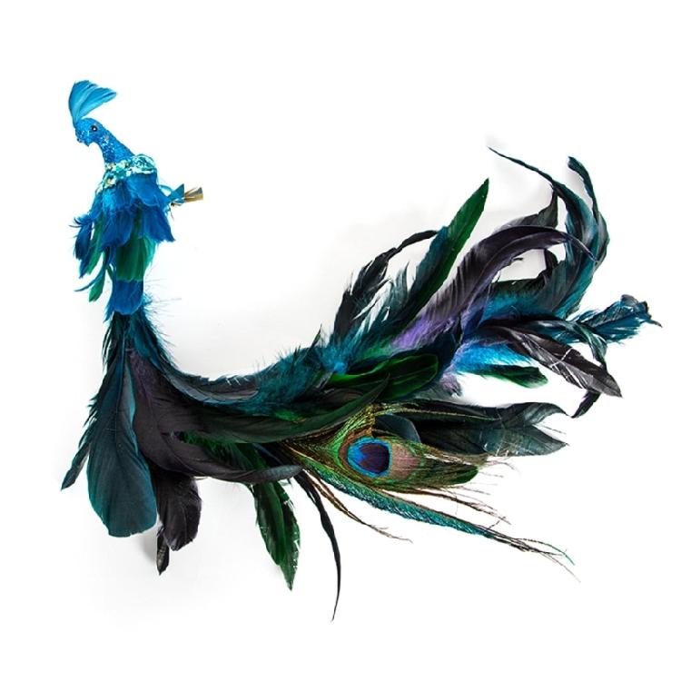 2Pcs Artificial Natural Feathered Peacocks with Long Tail Designs Christmas Tree Clip on Ornaments for Home Party Decor