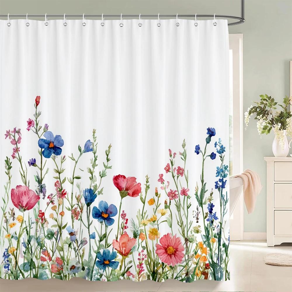 Watercolor Flowers, Leaves And Butterflies Shower Curtain Floral Printed Bathroom Bath Curtain Home Decor Curtain With Hooks