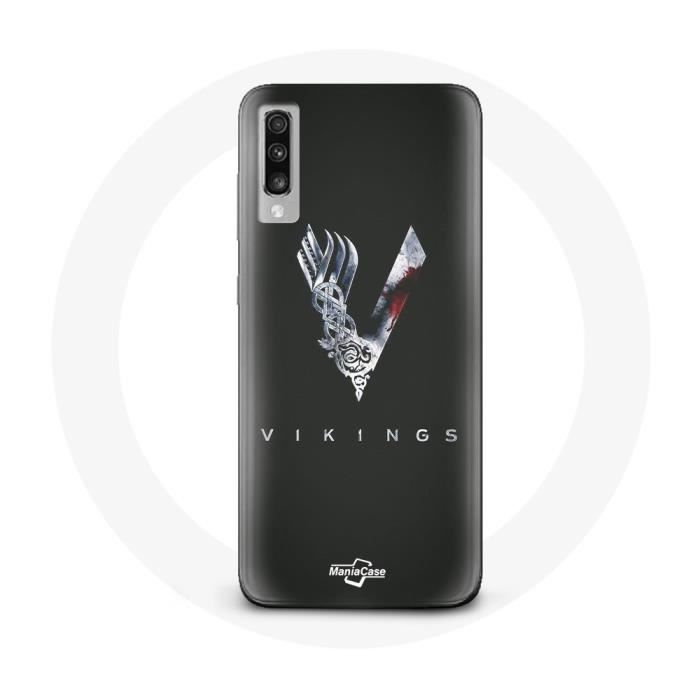 Coque pour Samsung Galaxy A50 Vikings Série Saison 6 logo V Epée Gris Fond Noir