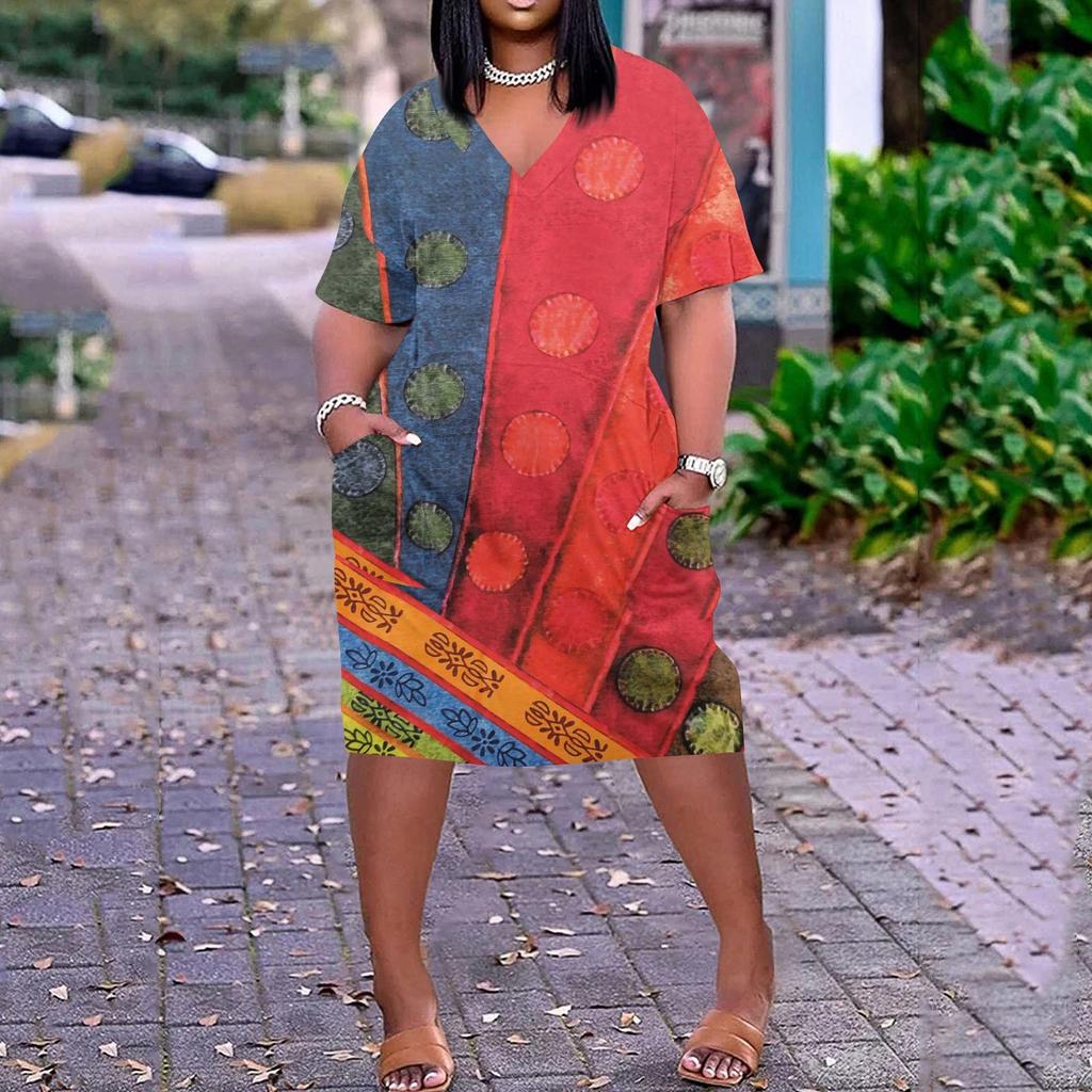 Лето плюс размер V-образным вырезом с короткими рукавами и карманами до колена с принтами повседневное платье для женщин