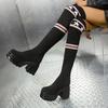 Sock Boots Women's Thick Heel Fine Knit Round Toe Matching Colour Spring Autumn New Sexy Long Leg Knit Shoes Botas De Mujer