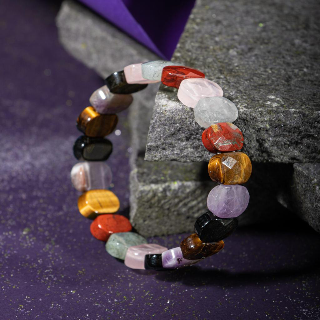 Браслет Девы Аметист, Золотой обсидиан, Тигровый глаз, Лабрадорит, Розовый кварц, Моховой агат