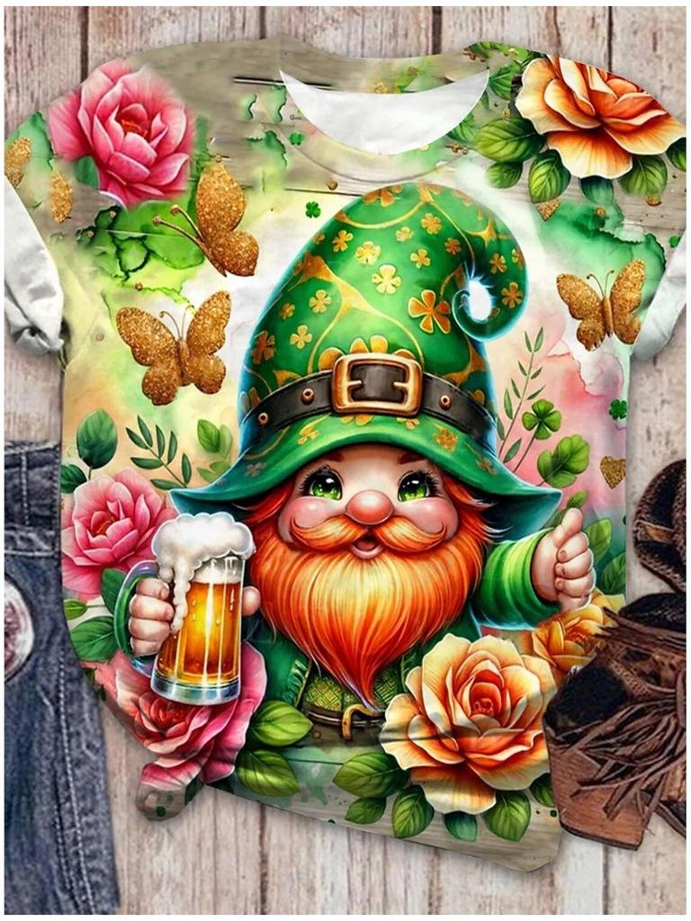 Женская ул.. Футболка ко Дню Святого Патрика Повседневная Зеленая Футболка с коротким рукавом с 3D-принтом и круглым вырезом с коротким рукавом Уличная одежда Y2k