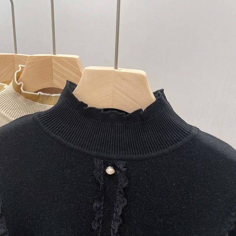 Женский полувысокий бархатный свитер осень-зима кружевной утолщенный трикотажный пуловер модный длинный рукав джемпер трикотажные топы