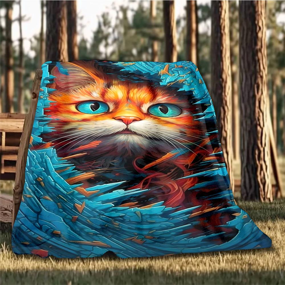 1pc Vibrant Cat Portrait Print Outdoor Blanket, Lightweight Polyester,