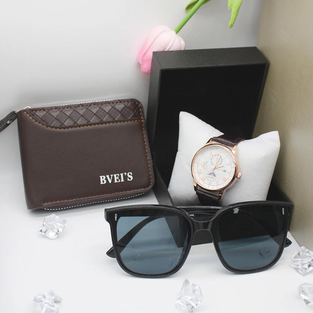 Набор из 3 предметов, роскошные часы для мужчин, солнцезащитные очки, кожаный кошелек, индивидуальные мужские часы для идеального подарка