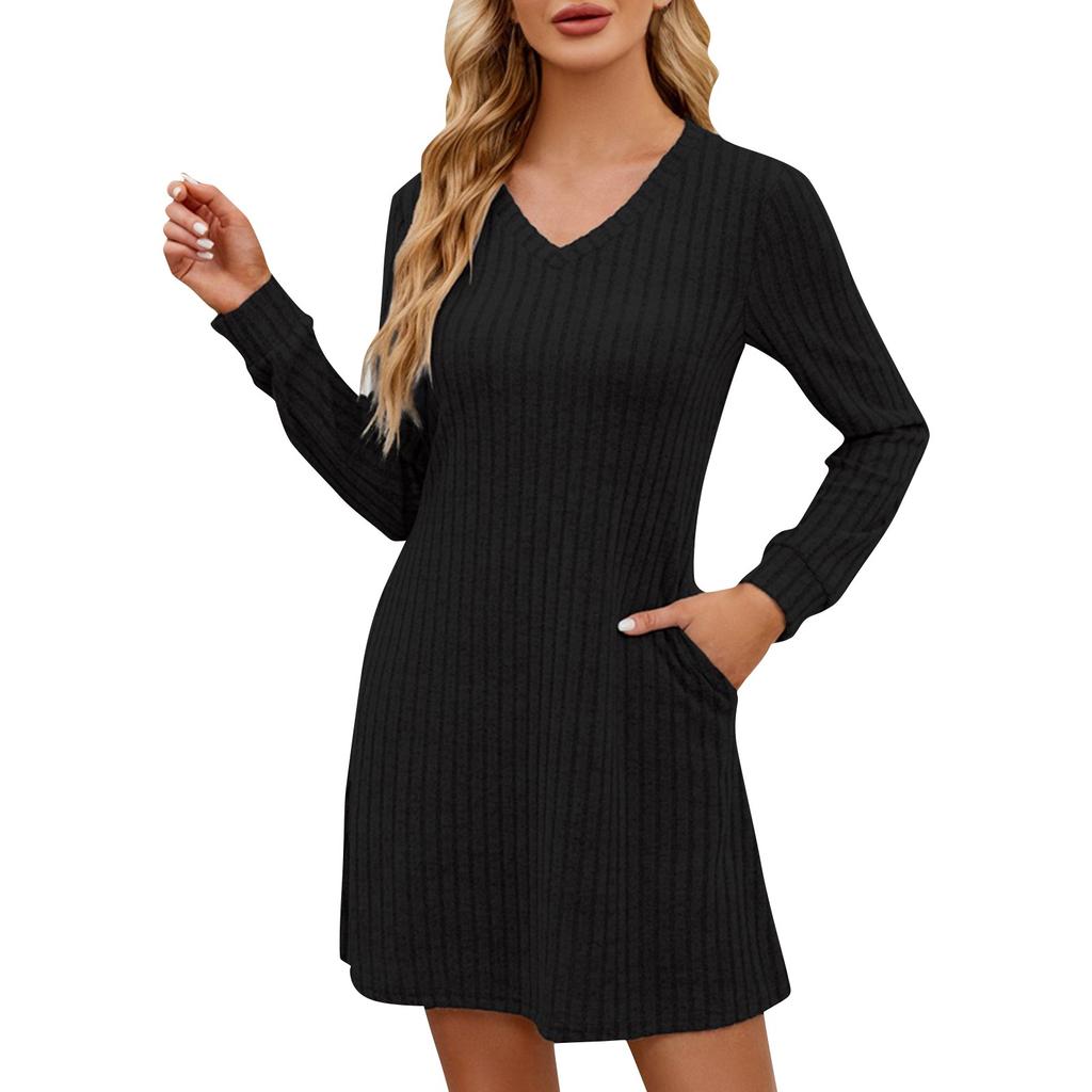 Женские осенние платья с V-образным вырезом, повседневные короткие платья с длинным рукавом, модная одежда