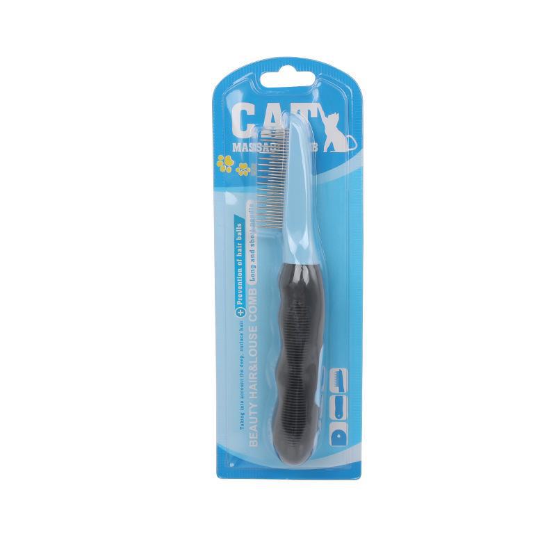 Pet Products Blue & Black Series: Massage Brush, Hair Detangling Comb, Rake Comb, Flea Comb.